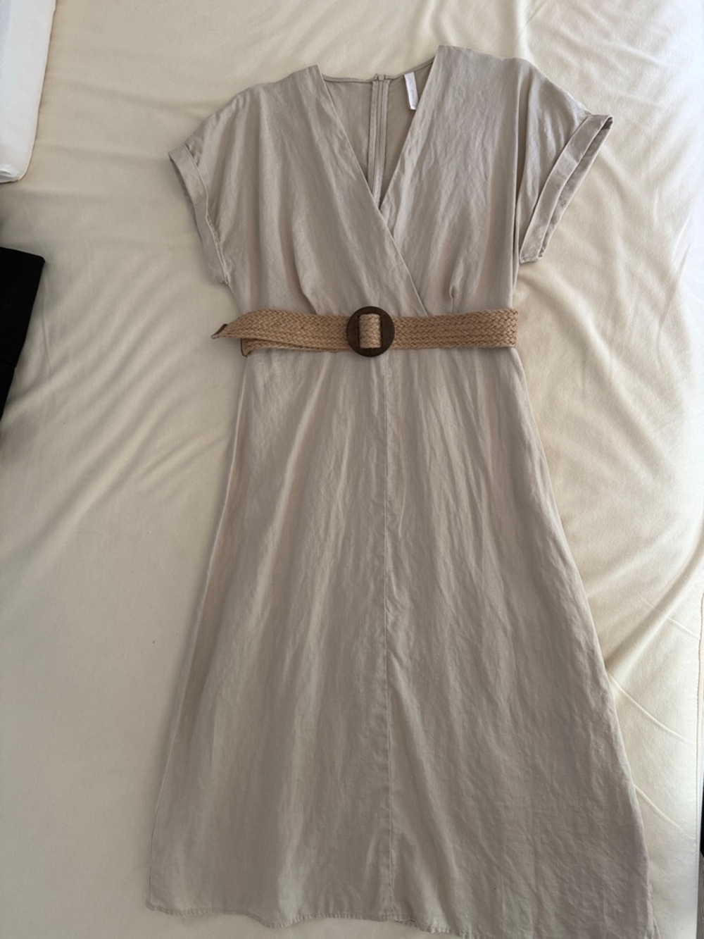 Mango Beige Wrap-Style Linen Midi Dress with Woven Belt